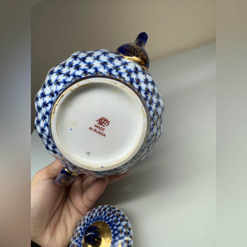 Lomonosov Russian Imperial Porcelain Gold Detailing Cobalt Net Teapot 3 Cup - Picture 7 of 11